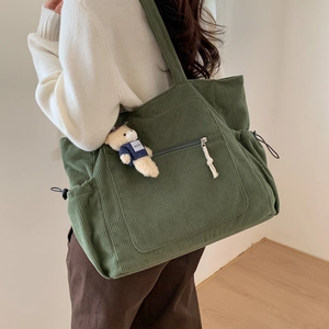 Dark green corduroy tote bag for women with side drawstrings and cute bear charm