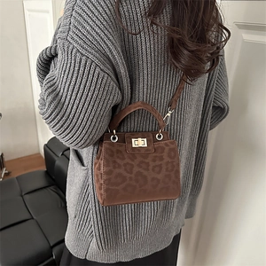 Brown leopard print crossbody square bag with gold lock and top handle shown on model