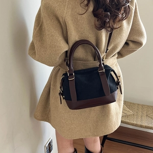 Retro Boston bag in black canvas and brown leather, stylish top-handle shoulder purse