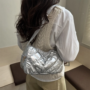 Chic silver quilted down cotton crossbody bag with large capacity and adjustable strap