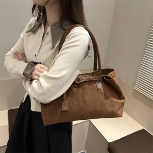 Retro caramel brown suede tote bag with leather straps and gold buckle for women
