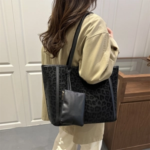 Large leopard print faux suede tote bag set for women featuring matching black pouch