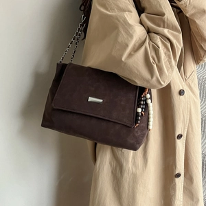 Vintage brown suede tote bag with silver chain strap and beaded charm decoration