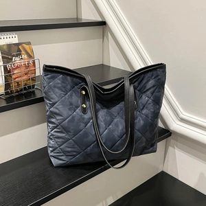 Sac Cabas Matelassé en PU Urbain Simple Grande Capacité Motif Losanges Imprimé Marbre Sac à Épaule Femme Quotidien