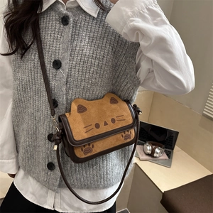 Cute cat-themed brown suede crossbody bag featuring cartoon cat ears for casual wear