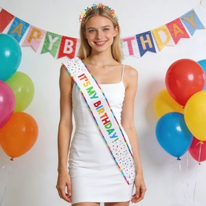 Colorful IT'S MY BIRTHDAY party set with satin sash and headband for birthday celebrations