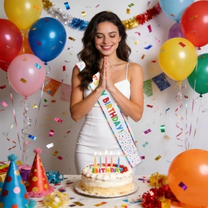 Close-up of rainbow IT'S MY BIRTHDAY sash with festive party balloons and cake decor