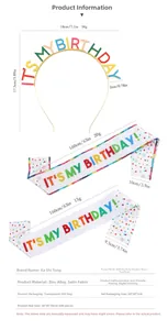 Detailed view of 160cm birthday sash and 18x17.5cm rainbow metal headband dimensions