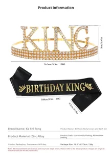 Detail of gold KING crown with rhinestones and BIRTHDAY KING satin sash set