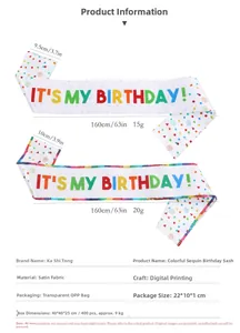 Detailed view of rainbow IT'S MY BIRTHDAY sash with glitter borders and size specs