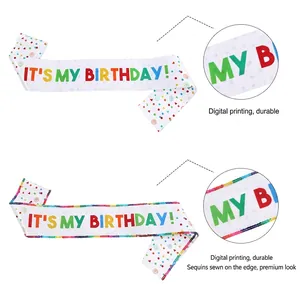 Colorful IT'S MY BIRTHDAY party sash with sequins and high-quality digital printing