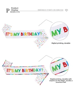 Detail of white birthday sash with colorful IT'S MY BIRTHDAY print and sequin border trim