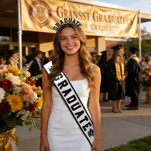 Outdoor portrait of white satin GRADUATE sash and gold-trimmed headband set in sunset light