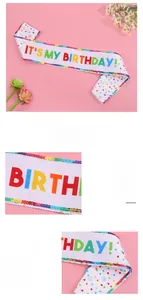 Detail of It's My Birthday party sash with colorful sequins edge and digital print