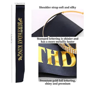 Birthday King set with black satin sash and golden crown for men party decorations