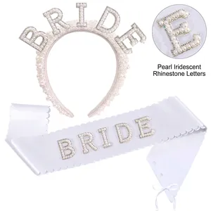 Ensemble mariée avec serre-tête en perles BRIDE et écharpe en satin blanc et strass colorés