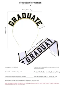 Size chart showing gold GRADUATE headband and white satin sash dimensions and weight