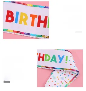 Detail of white birthday sash with colorful sequins and high-definition digital printing