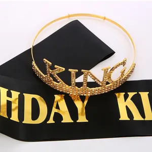 Detail of gold rhinestone KING crown and black BIRTHDAY KING satin sash set