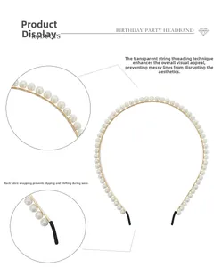 Detail of elegant pearl headband with transparent wire beading and black non-slip ends