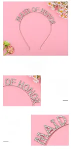 Dettaglio del cerchietto in lega d'argento con lettere MAID OF HONOR in strass per matrimoni