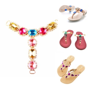 Detailed T-shape shoe charms with colorful crystals for flip-flops and sandals