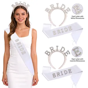 Kit Accessoires Mariée Écharpe Satin Blanc Avec Serre Tête Künstliche Perle Strass Pour Enterrement Vie Jeune Fille Mariage Fiançailles