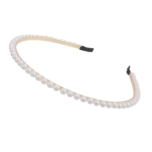 Elegant French style thin gold headband with uniform white pearls on a white background