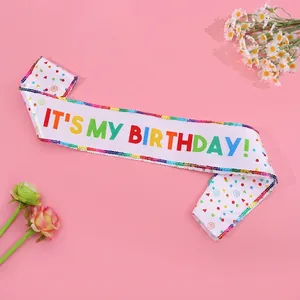 White satin 'IT'S MY BIRTHDAY' party sash with colorful sequins and gradient lettering