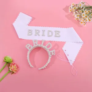 Ensemble écharpe de mariée et bandeau en perles avec inscription Bride et fleurs