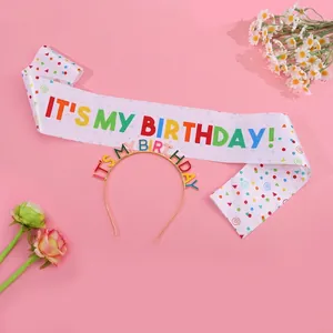 Rainbow IT'S MY BIRTHDAY party headband and sash set with colorful polka dots