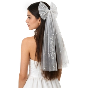 White bridal veil with pearl embroidery, large mesh bow, and Bride To Be lettering