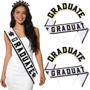 Graduation Decorations Graduate Letter Tiara Gold Plated Zinc Alloy Headband White Satin Sash For Graduation Ceremony