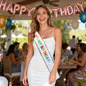 Birthday party set with rainbow IT'S MY BIRTHDAY sequin sash and matching headband