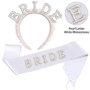 Ensemble écharpe de mariée en satin et serre-tête perlé avec lettres en strass blancs
