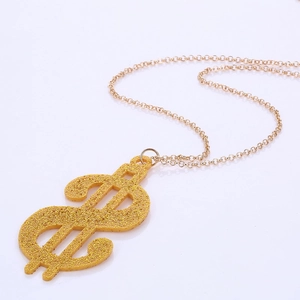 Hip hop style dollar sign pendant necklace with gold glitter finish on rolo chain