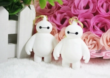 Gros plan de deux porte-clés Baymax blancs avec anneaux dorés sur un tapis en peluche