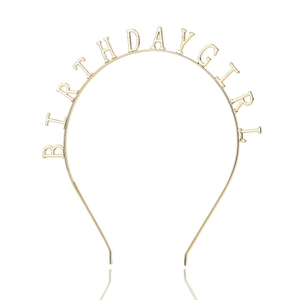 Golden Birthday Girl metal headband for parties with mirror polished finish on white background