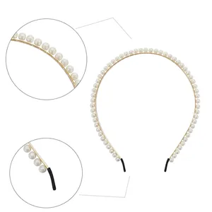Elegant gold alloy bridal headband featuring white pearls and non-slip fabric ends