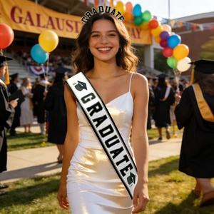White GRADUATE sash and gold-trimmed headband set for graduation celebration