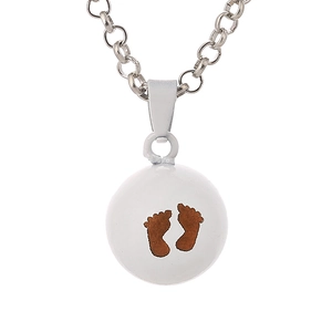 Silver maternity chime necklace with a white spherical pendant featuring brown footprints