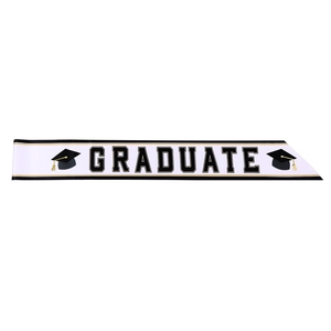 White graduation sash with gold trim and black Graduate text for ceremony outfit