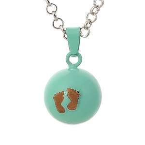 Mint green enamel pregnancy necklace with brown baby footprints on white background