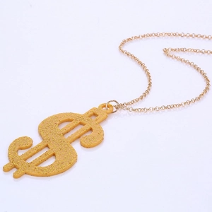 Glittery gold dollar sign pendant necklace in hip-hop style on white background