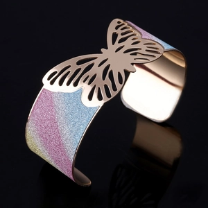 Rose gold open cuff bracelet with hollow butterfly pattern and colorful glitter coating