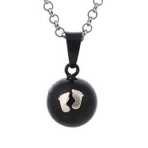 Black Harmony Ball necklace with silver infant footprints and classic O-chain