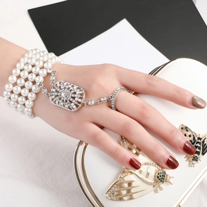 Slave Bracelet Finger Ring Hand Harness Multi Layer Faux Artificial Pearl Alloy Rhinestone Gatsby Vintage Wedding Party Women