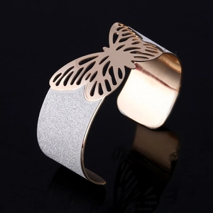 Fashionable open bangle with rose gold hollow butterfly and silver shimmering wide band