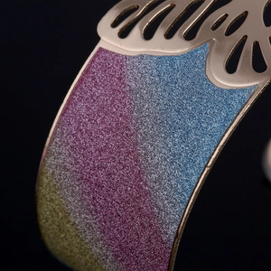 Fashion wide open cuff bracelet with gradient blue and purple glitter and butterfly design