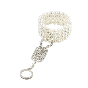 Elegant white pearl slave bracelet with crystal accents and ring for wedding or party